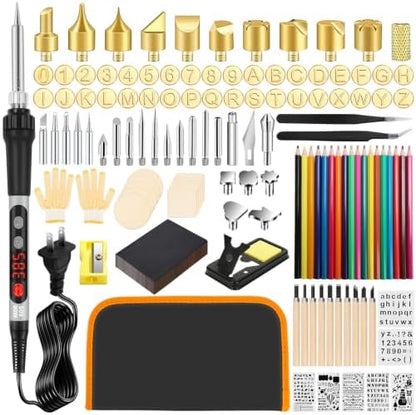 171PCS Wood Burning Kit, 100W Digital Wood Burner Tool, Adjustable Temp Pyrography Pen Set with Tips, Letter Number Stamps, Stencils, Transfer Papers, Carving Tools, Case for Adults & Beginners by QLOUNI