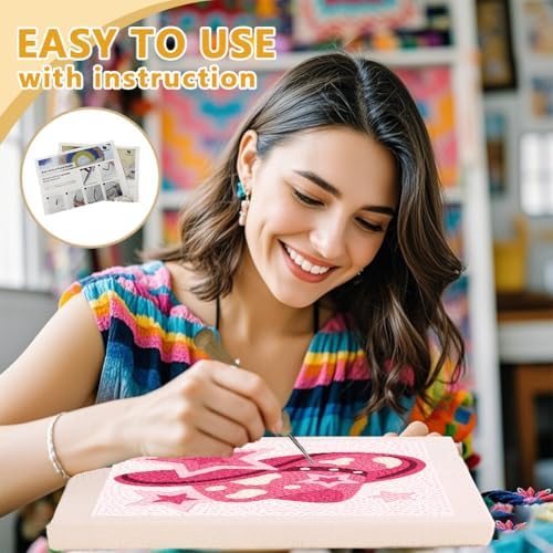 DOODLREAM Weatern Cowboy Punch Needle Kit for Beginner, 9.4"x9.4" Pink Star Hat Stitching Craft Set, DIY Embroidery Starter with Printed Frame, Instruction, Threader, Yarn, Pinch Needle - Image 3