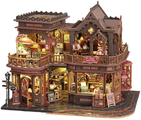 CUTEROOM DIY Miniature House Kit, Wooden Dollhouse Kit with LED Magic Tiny House Kits for Women Adult Gifts for Christmas Birthday (Book Coffee Shop) by CUTEROOM