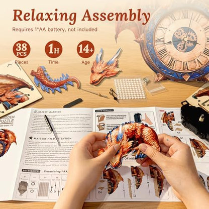 3D Wooden Puzzle for Adults - Fiery Dragon Clock - Image 5