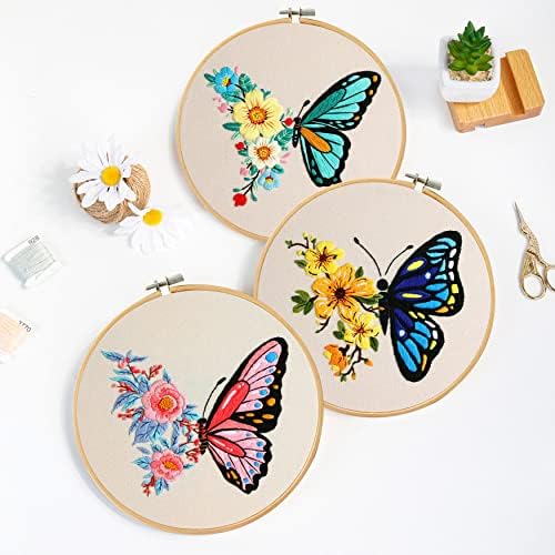 Santune 3 Pack Embroidery Kit for Beginners Adults Cross Stitch Kits with Butterfly Patterns and Instructions,DIY Hand Crafts with 1 Hoop,Threads and 6 Needles - Image 2