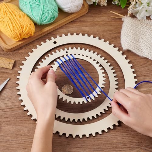BENECREAT 3 Sizes Wooden Weaving Loom Kit, 5/7.8/11 inch Round Gear Shape DIY Weaving Loom for Hanging Decor Woven Tapestry Knitted Crafts Making, 5mm Thick (Pack of 4) - Image 3