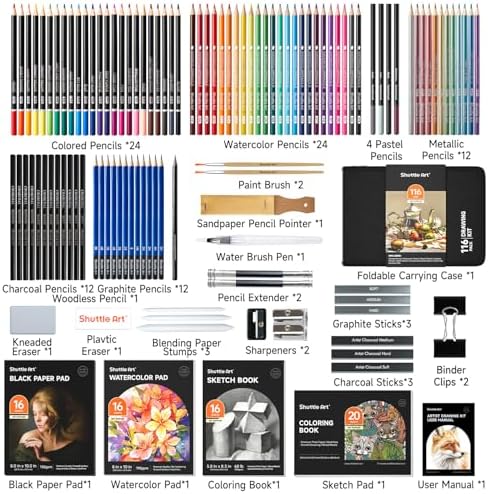 Shuttle Art 116 PCS Drawing Kit, Professional Drawing Supplies with Sketch, Charcoal, Colored, Graphite, Pastel Pencils & Sticks, Complete Drawing Tools and Paper Pads in Zipper Case for Artists&Kids - Image 2