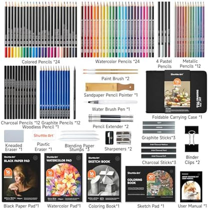 Shuttle Art 116 PCS Drawing Kit, Professional Drawing Supplies with Sketch, Charcoal, Colored, Graphite, Pastel Pencils & Sticks, Complete Drawing Tools and Paper Pads in Zipper Case for Artists&Kids - Image 2