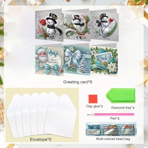 jinglinhh 6pcs Christmas Snowman Red Rose Diamond Art Painting Greeting Cards with Envelopes, DIY Card Making Kits for Adults, Diamond Art Postcards Christmas Cards Craft Gifts - Image 3