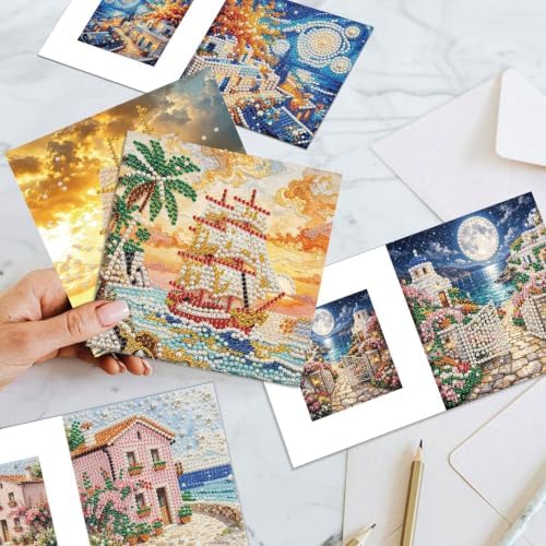 Artiphile DIY Pearl Art Painting Greeting Card Set Crafts Decor 6-Piece Foldable Cards Kit with Envelopes and Tools for Holiday Wishes Adult Crafting Project-Sailboat - Image 7
