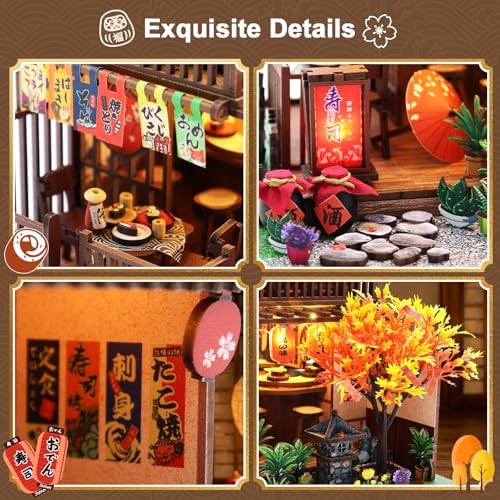 DIY Japanese Miniature House Kit, DIY Miniature Japanese Sushi Shop Dollhouse, 3D Wooden Sushi House Kit with LED Lights & Furniture, Creative Home Decor Birthday Gift Hands Craft for Adults - Image 4