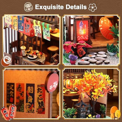 DIY Japanese Miniature House Kit, DIY Miniature Japanese Sushi Shop Dollhouse, 3D Wooden Sushi House Kit with LED Lights & Furniture, Creative Home Decor Birthday Gift Hands Craft for Adults - Image 4