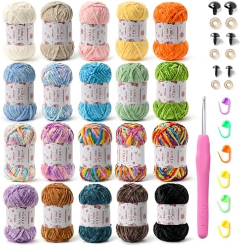 20 Pack Chenille Chunky Yarn - Baby Yarn for Crocheting Soft - White Black Brown Green Red Pink Blue Rainbow Velvet Yarns Crochet Blanket - Amigurumi Yarns Pack with Crochet Accessories by OMoiut