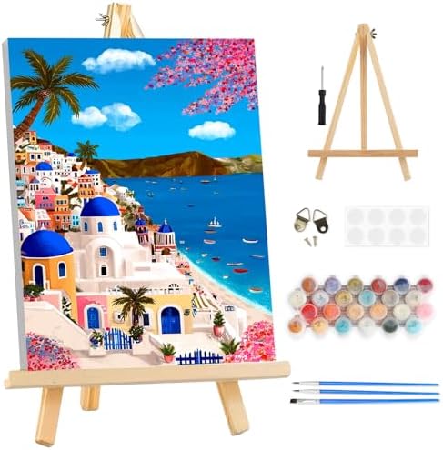 TOSTOG Aegean Town Framed Canvas Paint by Numbers Art Kit for Adults and Kids, Beginner Acrylic Oil Painting Supplies with Wooden Frame for Home Wall Decor 20 * 30 cm/8 * 11.8 in by TOSTOG