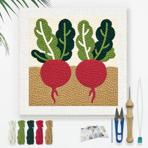Doodlream Fresh Radish Needle Kit for Beginner, 9.4"x 9.4" Vegetable in Soil Punch Stitching Craft Set, Color DIY Embroidery Starter with Printed Frame, Instruction, Threader, Yarn, Pinch Needle by Doodlream