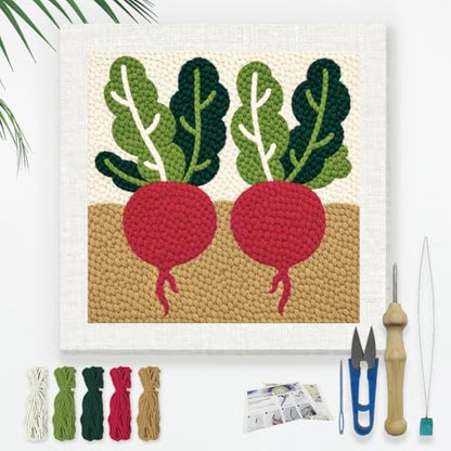 Doodlream Fresh Radish Needle Kit for Beginner, 9.4"x 9.4" Vegetable in Soil Punch Stitching Craft Set, Color DIY Embroidery Starter with Printed Frame, Instruction, Threader, Yarn, Pinch Needle by Doodlream