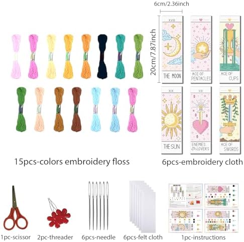 FREEBLOSS 6 Set Cross Stitch Bookmark Kit Stamped Cross Stitch Kit Tarot Cards Theme Embroidery Set with Instruction for Adults 8''*2.4'' - Image 2