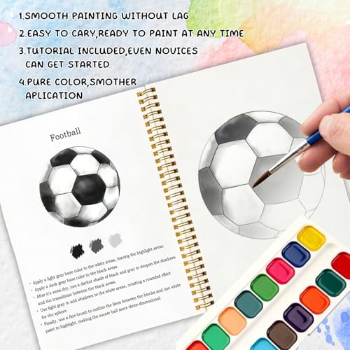 12 Patterns Sports Balls Watercolor Book, Basketball Soccer Football Tennis Painting Workbook, DIY Art Gift for Teen Athletes and Adult Fans, Stress Relief Water Coloring Activities - Image 4
