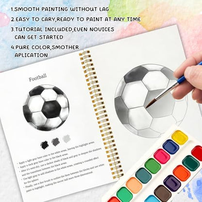12 Patterns Sports Balls Watercolor Book, Basketball Soccer Football Tennis Painting Workbook, DIY Art Gift for Teen Athletes and Adult Fans, Stress Relief Water Coloring Activities - Image 4