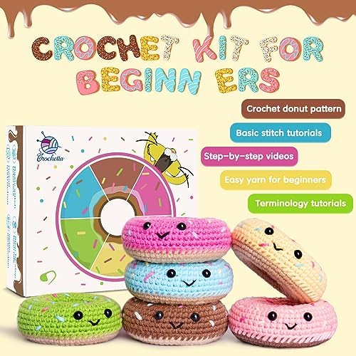 Crochet Kit for Beginners, Beginner Crochet Starter Kit w Step-by-Step Video Tutorials, Learn to Crochet Kits for Adults & Kids, DIY Knitting Supplies, 6-Pack Donut Family(40%+ Yarn Content) - Image 4
