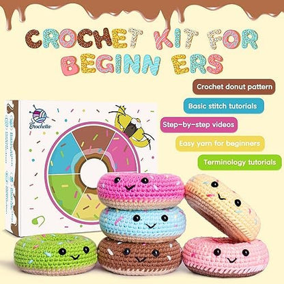 Crochet Kit for Beginners, Beginner Crochet Starter Kit w Step-by-Step Video Tutorials, Learn to Crochet Kits for Adults & Kids, DIY Knitting Supplies, 6-Pack Donut Family(40%+ Yarn Content) - Image 4