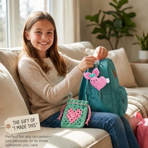 Wimmsie Crochet Animal Kit for Beginners - Easy Granny Square Crochet Kit for Beginners Kids & Adults - Cute Amigurumi Heart Bunny Keychain & Mini Heart Purse - Step by Step Video Tutorials - Image 6