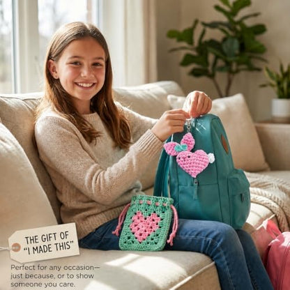 Wimmsie Crochet Animal Kit for Beginners - Easy Granny Square Crochet Kit for Beginners Kids & Adults - Cute Amigurumi Heart Bunny Keychain & Mini Heart Purse - Step by Step Video Tutorials - Image 6