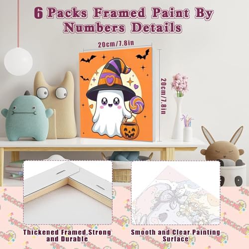 MXCFZX 6 Pack Ghost Paint by Numbers for Kids/Adult, Halloween Painting, Children's Adult Paint by Number, Ages 4-12, DIY Acrylic Oil Painting Set, Suitable for Home Wall Decoration 8 x 8 inch - Image 2