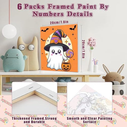 MXCFZX 6 Pack Ghost Paint by Numbers for Kids/Adult, Halloween Painting, Children's Adult Paint by Number, Ages 4-12, DIY Acrylic Oil Painting Set, Suitable for Home Wall Decoration 8 x 8 inch - Image 2