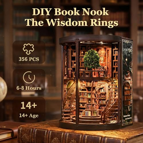 fifijoy DIY Book Nook Kit for Adults - 3D Wooden Puzzle Miniature House Kit with LED Light, Miniature Dollhouse Library Bookshelf Insert Decor, Creative Gift for Family, Friends (Wisdom Rings) - Image 5