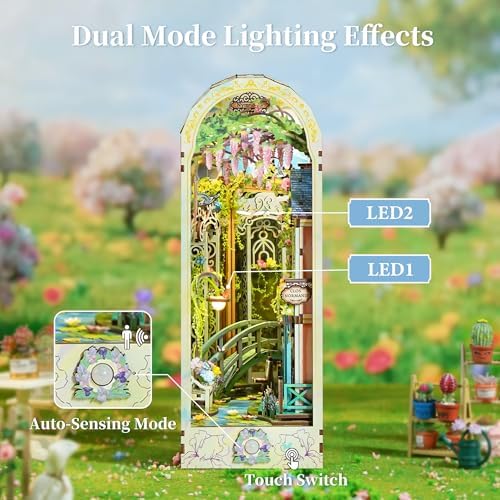 Tonecheer DIY Book Nook Kit for Adults, 3D Puzzle Wooden Miniature House Kit, Booknook Dollhouse Bookshelf Insert Decor Bookend with Dust Cover and LED Lights Gifts (Giverny Garden) - Image 5