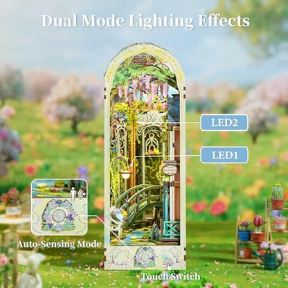 Tonecheer DIY Book Nook Kit for Adults, 3D Puzzle Wooden Miniature House Kit, Booknook Dollhouse Bookshelf Insert Decor Bookend with Dust Cover and LED Lights Gifts (Giverny Garden) - Image 5
