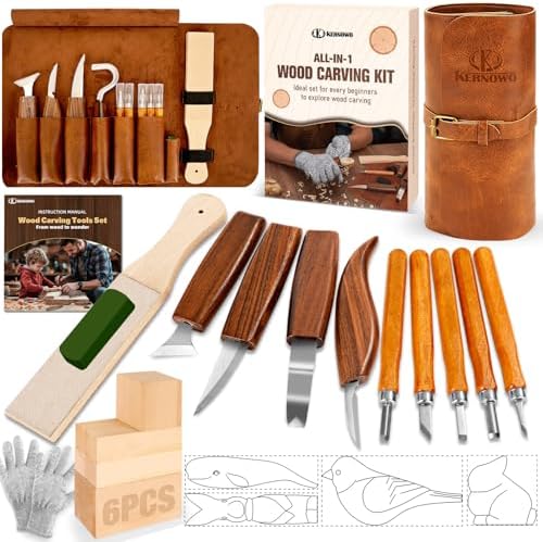 Wood Carving Kit, 24Pcs Wood Carving Tools with Storage Bag, Wood Whittling Knife Kit with 4pcs Templates & 6pcs Basswood Blocks for DIY Beginners by KKERNOWO