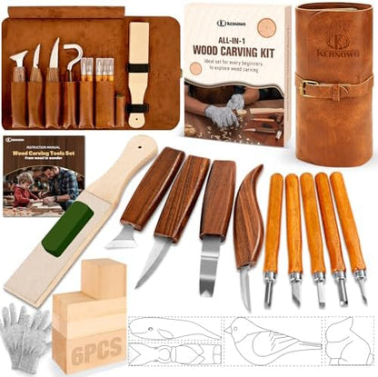 Wood Carving Kit, 24Pcs Wood Carving Tools with Storage Bag, Wood Whittling Knife Kit with 4pcs Templates & 6pcs Basswood Blocks for DIY Beginners by KKERNOWO