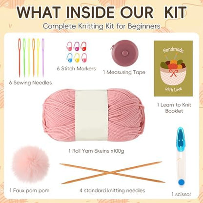 GliCraft Hat Knitting Kit for Beginners with Yarn Needles Pom,Dark Pink - Image 2