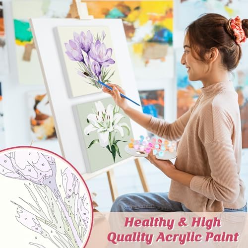 Flowers Paint by Number for Adults Beginners and Kids, 4 Pack DIY Adult Paint by Number Kits on Canvas Framed, Color by Numbers Acrylic Oil Painting Number Kits Crafts for Home Wall Decor 8x8inch - Image 5