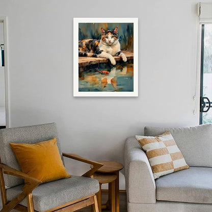 TAOPAOLAB Cute Calico Cat Paint by Numbers Kit for Adults - DIY Relaxed Calico Cat by Water with Koi Fish Painting on Canvas 16x20 Inch, Acrylic Paint Set for Beginners, Art for Home Decoration/Gifts - Image 4