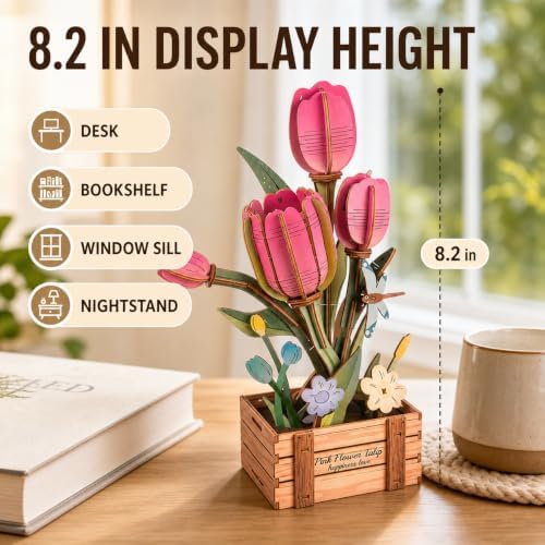 Evankin 3D Wooden Pink Tulip Puzzle Kit, DIY Bouquet Model - Image 5