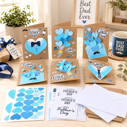 Yomjress 24 Sets Father's Day DIY Card Making Kit 3D Heart Tie Trophy Greeting Cards with Envelope Stickers Fathers Day DIY Card Crafts for Gifts Exchange Best Dad Daddy Papa Party Favors - Image 4