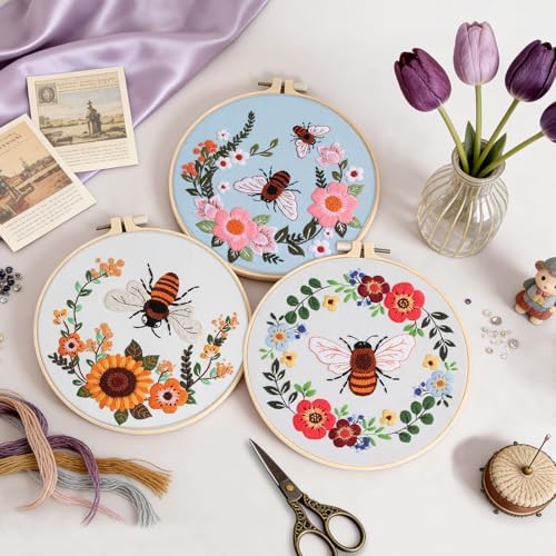 Uniartfy 3 Pack Bee Flower Embroidery Kits for Beginners, Cross Stitch Kit for Adults, DIY Needlepoint with Embroidery Hoop, Tools, Easy to Learn Video & Instructions, Hand Embroidery Starter Kit - Image 5