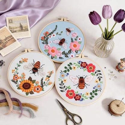 Uniartfy 3 Pack Bee Flower Embroidery Kits for Beginners, Cross Stitch Kit for Adults, DIY Needlepoint with Embroidery Hoop, Tools, Easy to Learn Video & Instructions, Hand Embroidery Starter Kit - Image 5