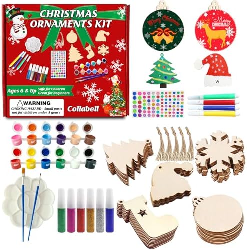 Collabell Christmas Wooden Painting Craft Kit, Paint Your Own Xmas Ornaments, Unfinished Wood Slices Christmas Crafts for Kids Adults, Art and Craft Supplies for Christmas Tree Hanging Decorations by Collabell