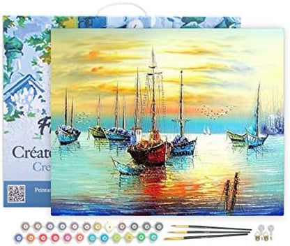 Figured'Art Paint by Numbers Kit for Adults with Frame Sailboats at The Port 16"x20" - Craft Art Painting DIY Kit Canvas Already Stretched on a Wooden Frame by FiguredArt