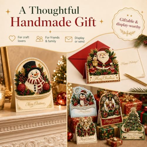 6 Pcs Diamond Art Christmas Ornaments, DIY Pearl Art Kits for Adults with Greeting Cards & Envelopes, 3D Rhinestone Painting Craft for Holiday Gift Making, Christmas Card Decorating Kit - Image 7