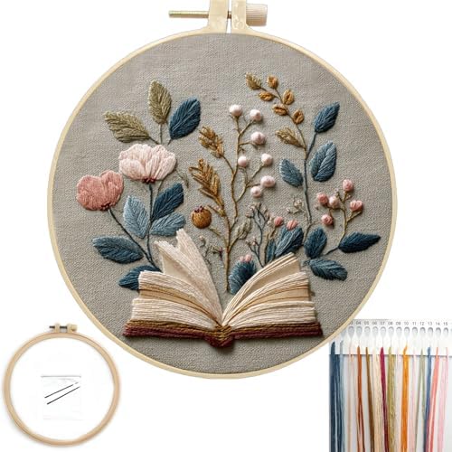 FONNUY Embroidery Kit for Beginners, Flower Book Pre-Stamped Pattern Kits for Adults with Hoop, Cross Stitch Easy to Follow Color Thread Needlework, 8'' Hoop (Brown) by FONNUY