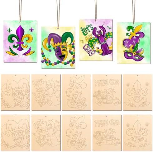 COCHIE 10 Pieces Large Mardi Gras Unfinished Wood Crafts to Paint for Adults, Bulk Predrilled Wooden Ornaments for Painting, Butterflies Paintable Wood Slices Craft Supplies with Ropes by COCHIE