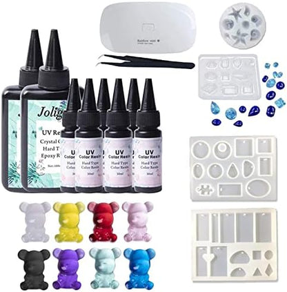 Transparent & Color UV Epoxy Resin Kit 200ML + Choose Any 6 Colors 30ML with 4 Silicone Molds + Portable UV Lamp for Making Jewelry Pendants Earrings Necklaces Charms Keychains Home Decorations by VidaRosa