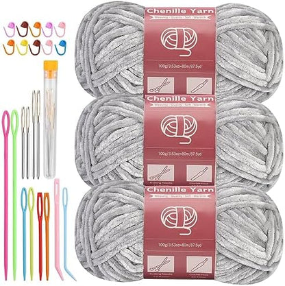 LUNARM Chenille Yarn 3 Pack 3.5oz Chunky Blanket Velvet Yarn 263 Yard by Lunarm