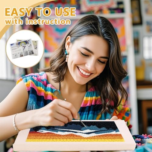 Doodlream Mountain Sunset Needle Kit for Beginner, 9.4"x 9.4" Forset Landscape Punch Stitching Craft Set, DIY Embroidery Starter with Printed Frame, Instruction, Threader, Yarn, Pinch Needle - Image 3