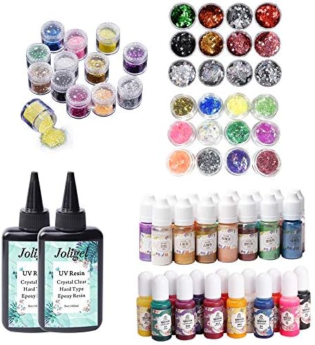 Crystal Clear UV Epoxy Resin 200ML with 28 Liquid Pigment Dyes (Metallic Pearlescent & Normal) + 36 Holographic Glitter Sequins for Decorations, DIY Resin Art Crafts Kit Jewelry Making Handmade Gifts by VidaRosa