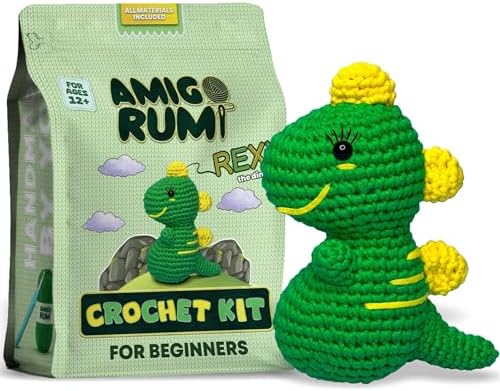 Amigo Rumi Cute Dinosaur Beginners Crochet Kit - Learn How to Crochet Starter Kit - 3+ Hour Video Tutorials & Crocheting Book - Easy to Stitch Yarn - Amigurumi Stuffed Animal for Kids 12+ & Adults by AmigoRumi