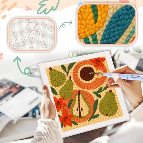SDOYUNO Punch Needle Kit with Frame for Adults Beginners Kits 9.84 x 9.84 Inch Embroidery Starter Kits Punch Needle Kit with Fruit Pattern, Threader, Yarns, Rug Punch, DIY Craft Kits (Apricot) - Image 4