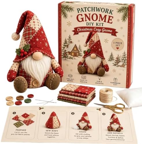 DIY Patchwork Gnome Kit, Christmas Cozy Gnome Sewing Craft Set, DIY Craft Set with Yarn & Tools for Adults & Beginners, Handmade Decor Ornament Gift & Home Decor for Craft Lovers (Red) by Unknown