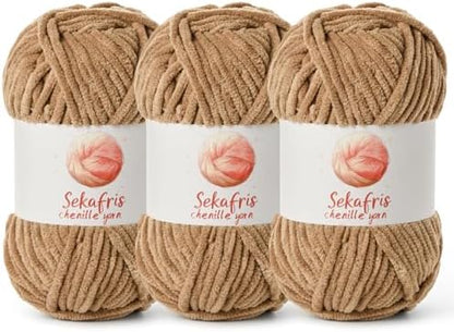 Chenille Yarn for Crocheting Size 5 Bulky Yarn 3 Deep Khaki by Sekafris
